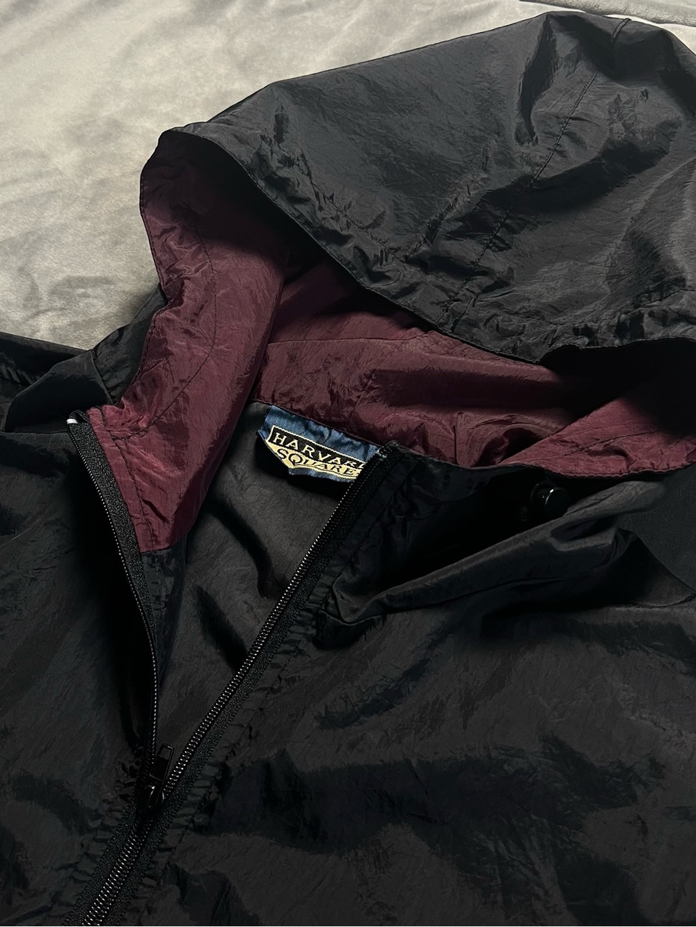 Men's Black Hooded Windbreaker with Burgundy Lining